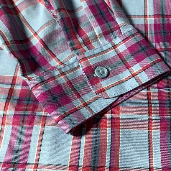 Coldwater Creek plaid, long sleeve,button-up shirt.  Blue, purple, red. Size L. - Picture 4 of 7